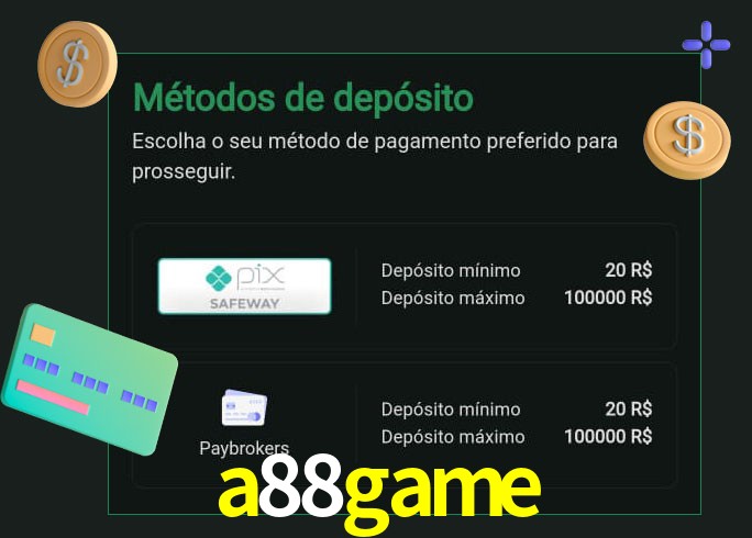 O cassino a88game oferece uma grande variedade de métodos de pagamento